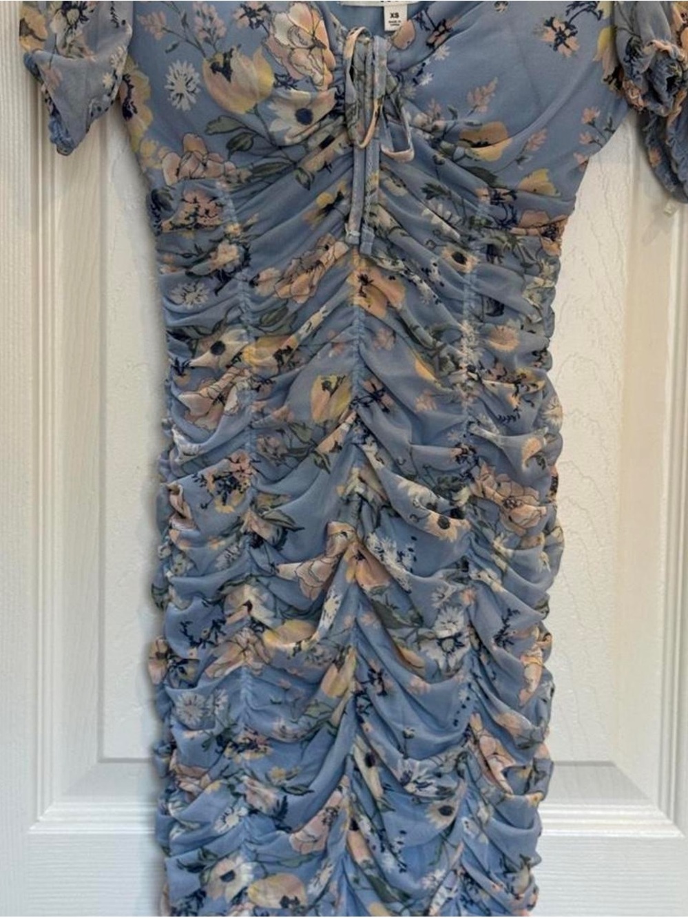 Floral Ruched Blue Midi Dress